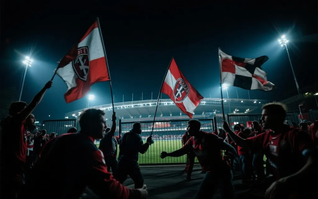 世界杯焦点战夜晚球场与两队球迷对峙的戏剧感